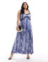 Vero Moda Curve satin maxi slip dress with lace trim in blue crinkle print