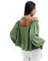 ASOS DESIGN linen look off shoulder pleated top in khaki Зеленый, S - EU 36-38 - фото #2