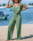 ფოტო #3 პროდუქტის Women's Green Ruffled Bow Tie Wide Leg Jumpsuit