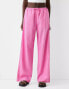 Фото #4 товара Bershka tie waist wide leg linen trousers in bright pink