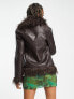 Stradivarius STR faux leather fur trim coat in brown