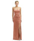 Strapless Topstitched Corset Satin Maxi Dress with Draped Column Skirt