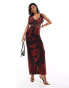 ASOS DESIGN mesh plunge cowl neck maxi dresswith tie detail in red grain print