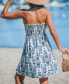 Women's Blue & White Damask Smocked Bodice Mini Tube Beach Dress