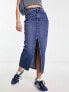 New Look split front denim maxi skirt in dark blue