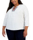 Plus Size Cotton Split Neck 3/4-Sleeve Top