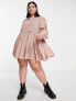 Daisy Street Plus mini smock dress in micro pink brown check