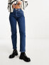NA-KD high waist straight leg jeans in mid blue