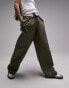 Фото #3 товара Topshop fold over waistband detail pleated straight leg trouser in khaki