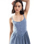 ASOS DESIGN cami with button front princess seam full skirt midi dress in blue denim wash