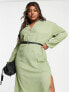 ASOS DESIGN Curve long sleeve shirt midi dress with belt in khaki