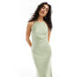 Фото #1 товара TFNC Bridesmaids satin maxi dress with tie back and button detail in sage