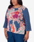 Plus Size Classic Paisley Patchwork Knotted Crew Neck Top