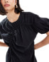 Фото #2 товара ASOS DESIGN cupro puff sleeve mini smock dress with ruching detail in black