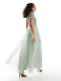 Maya Bridesmaid short sleeve maxi tulle dress with tonal delicate sequins in sage green