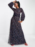 Фото #1 товара Maya high neck long sleeve all over embellished dress in navy blue