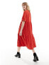 Monki tiered textured midi smock dress in red