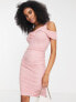 Rare London corset detail ruched drape midi dress in light pink