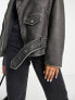 Фото #3 товара Miss Selfridge faux leather oversized padded biker jacket in washed black