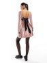Фото #11 товара Miss Selfridge low back fit and flare velour mini dress with bow in dusty pink