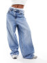Stradivarius Petite wide leg jean with boxer waist in medium blue