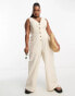 ASOS DESIGN Curve linen look button through jumpsuit in oatmeal