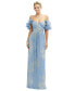 ფოტო #1 პროდუქტის Plus Size Dramatic Ruffle Edge Convertible Strap Metallic Pleated Maxi Dress with Floral Gold Foil Print