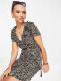 Фото #5 товара ASOS DESIGN plisse short sleeve ruffle wrap mini dress in brown leopard print