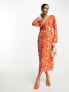 Фото #1 товара Pretty Lavish long sleeve tie midaxi dress in orange zebra