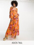 Женское вечернее платье ASOS Tall ASOS DESIGN Tall Maxikleid mit Knöpfen, Biesen, Spitzeneinsatz und Blumenmuster in Orange orange floral print, 40 - фото #1