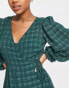 New Look puff long sleeve midi wrap dress in dark green check Зеленый, 36 - фото #3