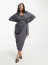 Фото #4 товара ASOS DESIGN Curve v neck midi dress with twist wrap detail in charcoal