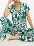 ASOS DESIGN Petite exclusive viscose floral checkerboard shirt & trouser pyjama set in green