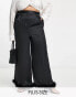 Фото #1 товара Yours Exclusive co-ord fluffy trim satin wide leg trousers in black