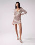 ASOS DESIGN embellished long sleeve mini dress with wooden bead detail in stone