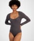 ფოტო #4 პროდუქტის Juniors' Rib-Knit Overlay Long-Sleeve Bodysuit