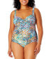 Фото #1 товара Plus Size Abstract-Print Draped-Front One-Piece Swimsuit