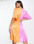 Flounce London satin flutter sleeve ruffle mini dress in contrast pink and orange