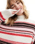 Фото #6 товара Monki mock neck chunky knit sweater in off white with multi-coloured stripes