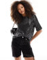 Фото #1 товара JDY exclusive sequin long t-shirt in silver & black