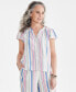 Фото #1 товара Petite Linen-Blend Sandy Stripe Flutter Sleeve Button Front Top, Created for Macy's