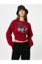 Kolej Crop Sweatshirt Korse Detaylı Şardonlu Uzun Kollu Bisiklet Yaka