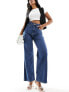 Vero Moda wide leg jeans with rose print in dark blue denim