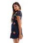 ASOS DESIGN short sleeve mesh mini dress in navy with floral embroidery