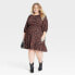 Women's Long Sleeve A-Line Dress - Knox Rose Dark Brown Leopard Print XXL