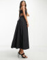 ASOS DESIGN cotton structured midi dress with ruched bust and pleat skirt in black