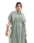 Vero Moda Curve shirt midi dress with tie belt in green