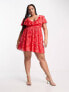 Фото #5 товара ASOS DESIGN Curve v front ruffle mini dress with flutter sleeve and tie belt in red