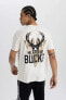 Фото #1 товара DeFactoFit NBA Milwaukee Bucks Bisiklet Yaka Ağır Kumaş Tişört