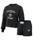 ფოტო #1 პროდუქტის Women's Black Distressed New Orleans Saints Waffle Knit Long Sleeve T-shirt and Shorts Lounge Set